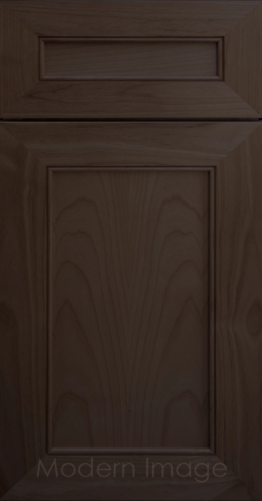 Highland Cocoa-stained Shaker kitchen cabinet door with wide rails and a flat center panel.